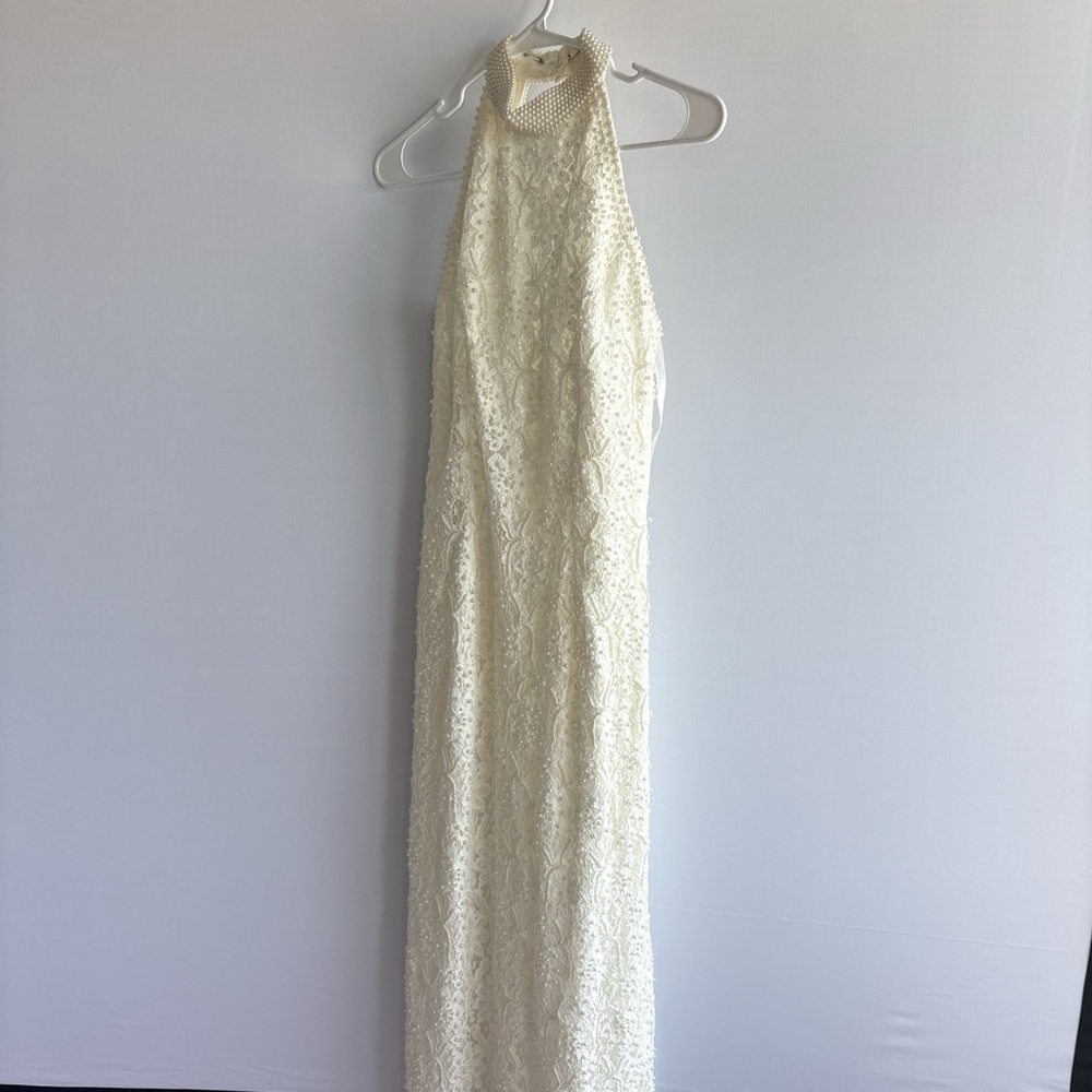 David's Bridal Ivory Beaded High-Neck Lace Wedding Dress